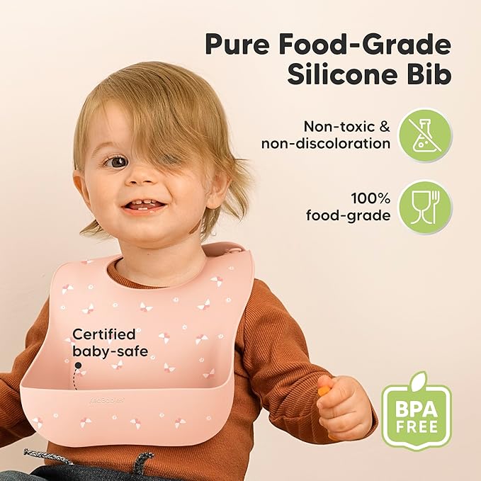 KeaBabies 2-Pack Silicone Bibs for Babies, Toddlers Girl, Boy ??Sturdy Food-Grade Baby Bibs for Eating, Large Food Catcher, Clean & Put On Easily, Waterproof Toddler Feeding Essentials (Butterflies)