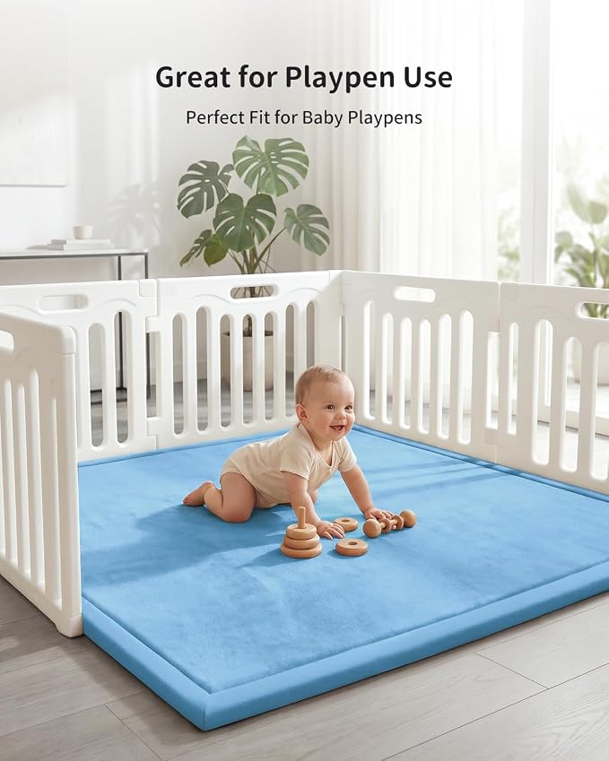 Goyuu Ultra Soft 1.3" Thick Baby Play Mat for Floor, 59x71 Playpen Mat Elasti-Foam Padded Crawling Mat for Babies, Toddlers, Infant, Kids, Non-Slip Backing Safe for Tummy Time Blue