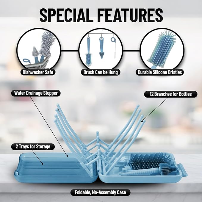6 in 1 Baby Bottle Brush Cleaner with Silicone Brushes - Premium food-grade silicone, Dishwasher Safe & Heat Safe - Travel Friendly Portable Baby Bottle cleaner Kit - Blue