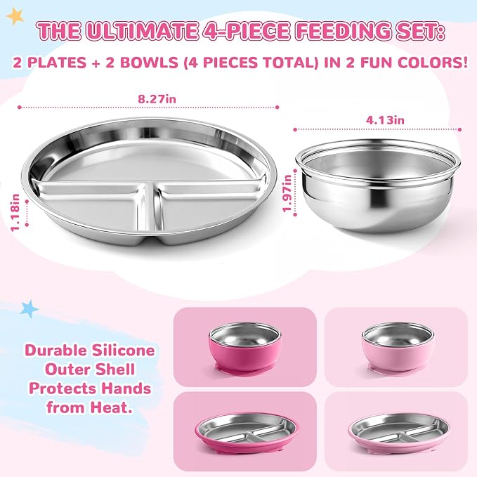 Havawish 4 Pcs Stainless Steel Baby Plate and Bowl with Suction, 8.3" Kid Divided Plate 4" Toddler Bowl with Removable Silicone, BPA-free Non-slip Baby Feed Set Dishwasher Safe for Boy Girl (Violet)