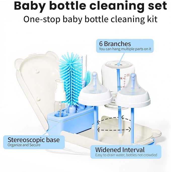 LEQXGO Travel Baby Bottle Cleaner Kit with Storage Case, 7-in-1 Baby Bottle Brush Set with Drying Rack for Breast Pump Parts, Bottle Washing Kit - Baby Travel Essential for Flying & On-the-Go (Blue)