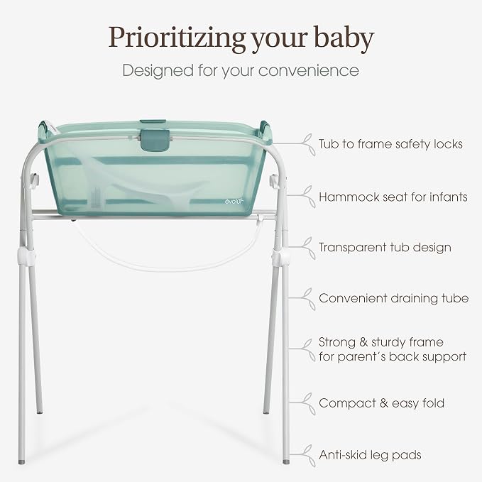 Evolur Supple Baby Spa Set with Infant Bathtub, Hammock Support Seat & Metal Frame, Newborn Tub for 0–12 Months, Complete Baby Care Essentials Gift Set for New Parents, Green