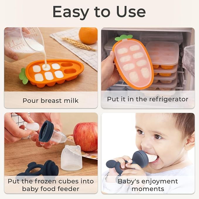 Baby Fruit Feeder 2 Pack with Freezer Tray, 4 Silicone Pouches in 3 Sizes, Breastmilk Popsicle Mold, Food Feeder Pacifier and Silicone Teether for Teething Relief, 4+ Months