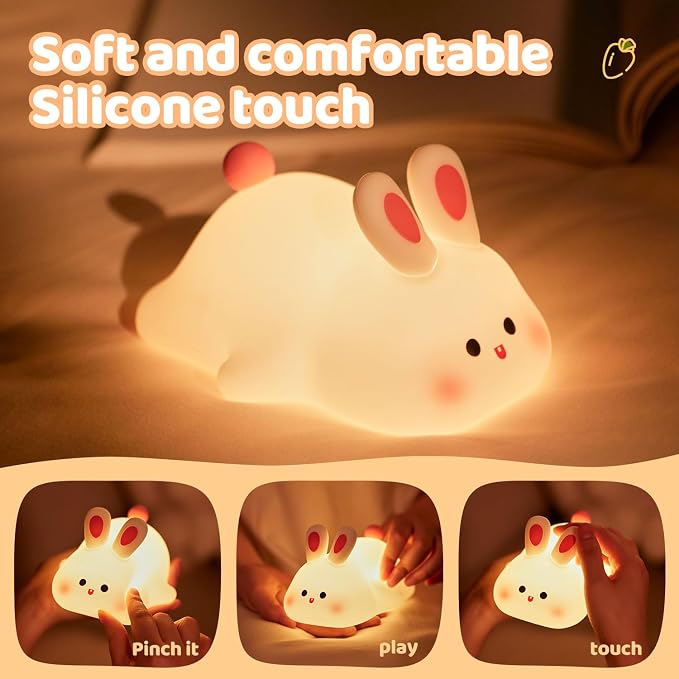 Rytinazzz Silicone Night Light for Kids, 50H Long Battery Big Face Rabbit Lamp, Gift for Kids, Soft Dimmable Bedside Light, Rechargeable Tap Control
