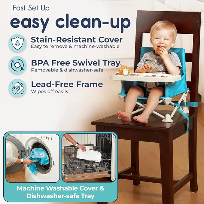 Hiccapop OmniBoost Travel Booster Seat with Tray for Baby | Folding Portable Seat for Dining Table, Camping, Beach, Grandma?™s | Tip-Free Design Straps to Kitchen Chairs