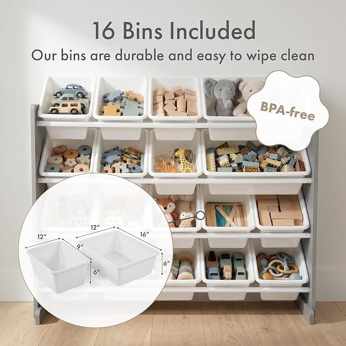 Humble Crew Supersized Toy Storage Organizer with 16 Removable Bins, Grey/White ??Large Toy Storage for Toddlers Ideal for Kids' Rooms, Playrooms, and Nurseries - Modern Toy Bins for Kids