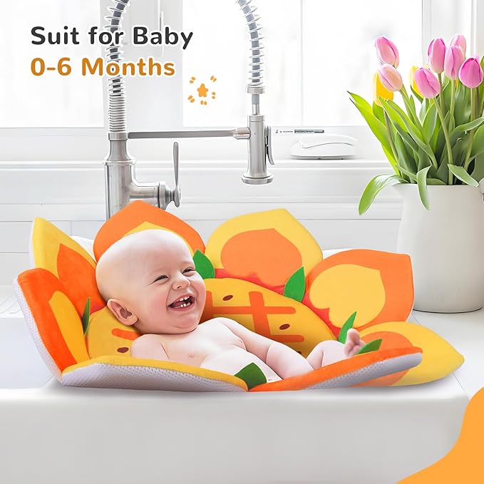 Flower Baby Bath Pad for Infant Bathtub Sink Flower Mat Tub Little Lotus - Petal Soft Supports Lounger Newborn Bathing Insert Seat Baby Essentials, Sunflower