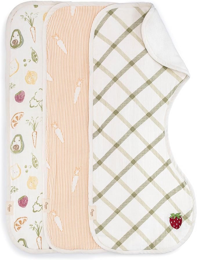 Crane Baby Clementine Cotton Muslin Burp Cloth Set of 3, Fruits & Veggie Print, Baby Boy & Girl Burp Cloths, Absorbent 100% Cotton Muslin & Terry Cloth, Soft Burping Cloths for Newborn