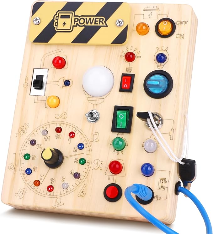 Hoarosall Montessori Toys Clock Wooden Busy Board with 11 LED Light switches, Tooddler Sensory Travel Toys for 1+ Year Old Baby and Toddler