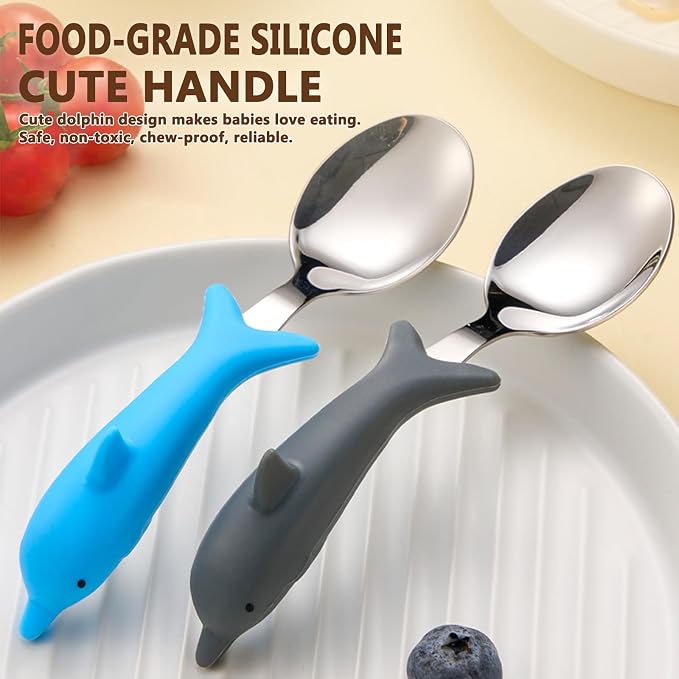 Baby Toddler Fork and Spoon Utensil Set, Dolphin, 4 Pack | With Case, Silicone Handle, 304 Stainless Steel