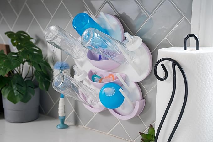 The Bottle Blossom- Wall Mounted Baby Bottle Drying Rack for Bottles, Cups, Sippy Cups, Vertical Wall Hanging, Space Saving, Large Capacity Baby Essential, 2 Adhesive Hooks Included (Gray)