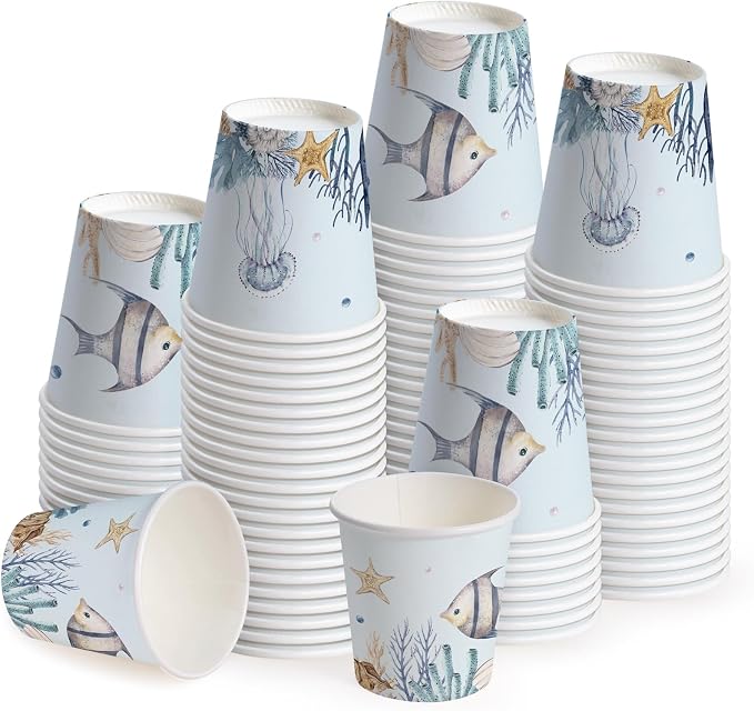 WRAPAHOLIC 3oz Paper Cups - 100 Pack Disposable Bathroom Cups with Undersea Fish Design, Small Mouthwash Cup for Toothbrush Rinse, Home Bathroom, Picnic, BBQ, Travel and Party