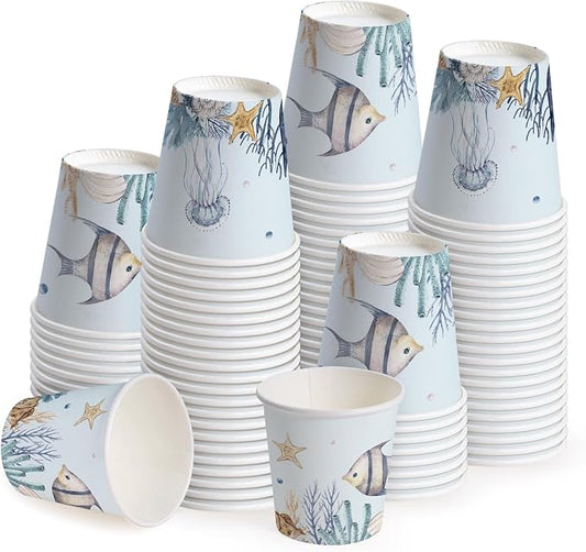 WRAPAHOLIC 3oz Paper Cups - 100 Pack Disposable Bathroom Cups with Undersea Fish Design, Small Mouthwash Cup for Toothbrush Rinse, Home Bathroom, Picnic, BBQ, Travel and Party