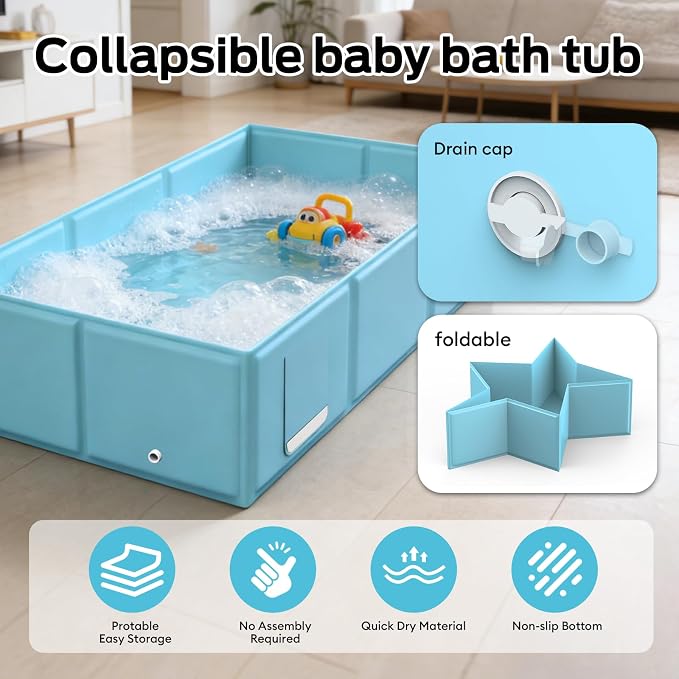 Foldable Baby Bathtub for Newborns & Toddlers, Collapsible Infant Bath Tub with Soft Cushion, Non-Slip Support & Drain Plug, Space-Saving Baby Tub for Small Bathrooms & Travel