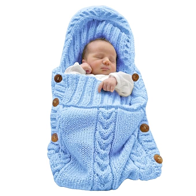 XMWEALTHY Newborn Baby Wrap Swaddle Blanket Knit Sleeping Bag Sleep Sack Stroller Wrap for Baby Light Blue 0-6 Month