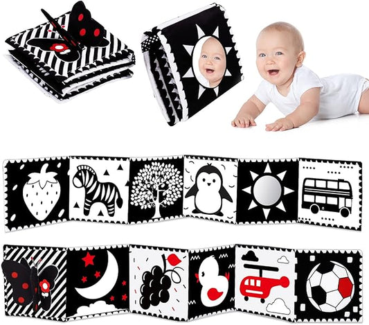 Black and White High Contrast Toys for Baby 0-3 3-6 months Infant Tummy Time Soft Crinkle Book Mirror Sensory Toys 0 2 4 5 6 Month Old Babies Boy Gril Newborn Development Christmas Stocking Stuffer