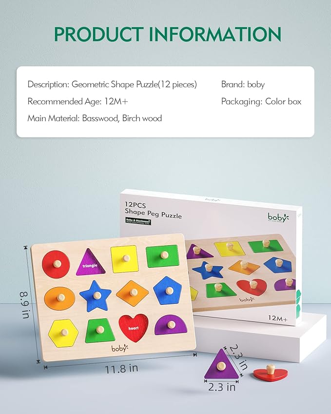Boby Shape Color Puzzle for Toddlers 1-3, Montessori Learning Toys for 1 + Year Old Girl, Jumbo Knob Wooden Pegged Chunky Shapes Puzzles for Kids Ages 3, Baby Educational Toys 12-18-24 Months Boys