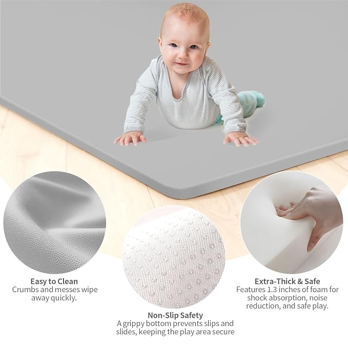 Baby Play Mat for Floor, 50"×50" Playpen Mat, 1.3" Thick Elasti-Foam, Non-Slip Crawling Mat for Tummy Time, Waterproof & Wipe-Clean Playmat for Toddler,Infant, Kids (Grey）