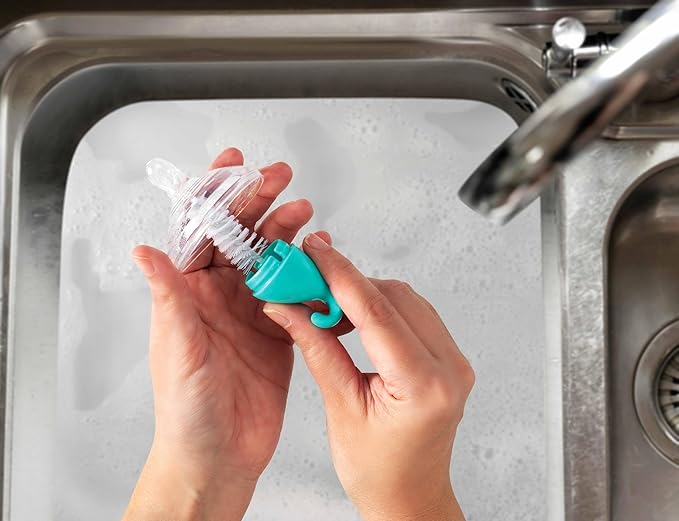Nuby Bottle and Nipple Brush with Bristles and Sponge Tip | 3 Pack: Aqua, Blue, Lime or Aqua, Coral, Lime | Hanging Handle with Hook for Drying