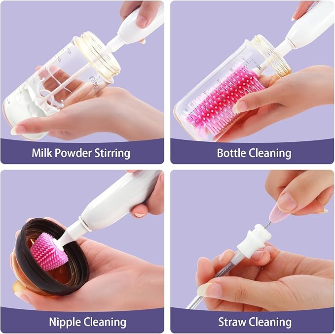 Electric Bottle Brush Cleaner, Portable Baby Bottle Washer, Travel Bottle Cleaner Brush Set with Silicone Bottle & Nipple & Straw Brush(Purple)