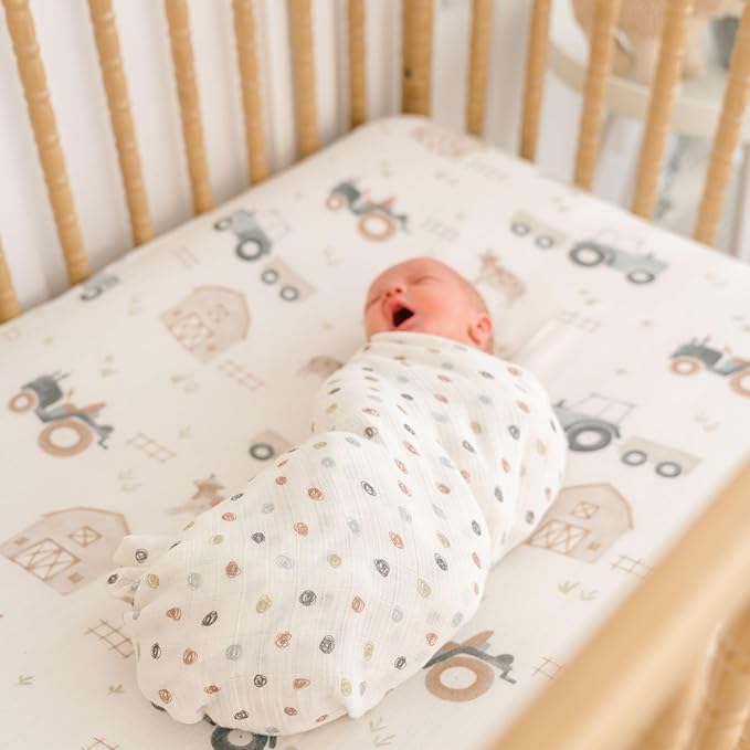Crane Baby Charlie 2-pc. Farmhouse Tractor Dot Swaddle Set, 100% Cotton Muslin Swaddle Blankets for Newborns, Baby Boy Blanket Neutral, Infant Receiving Blankets for Boys, Rustic Farm Nursery Decor