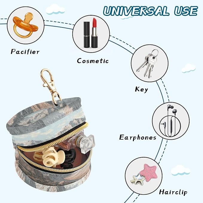 Pacifier Holder with Clip Pacifier Case for Diaper Bag Round Baby Pacifier Pouch Box Bag Portable Grey Mountains