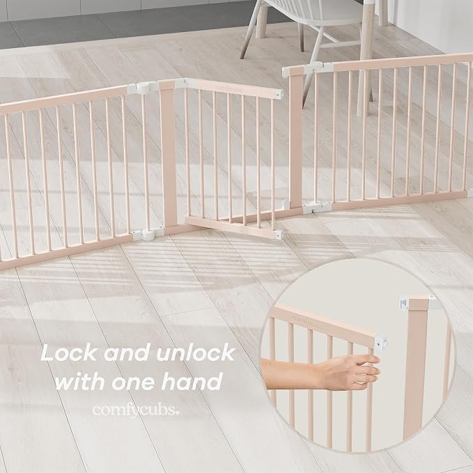 Comfy Cubs Baby Gate Playpen - 57 x 57 x 25 in, Extends Up to 228” - Pine Wood Foldable Playpen with Child-Proof Lock - Easy Assembly Baby Fence Play Area for Babies & Toddlers - Blush