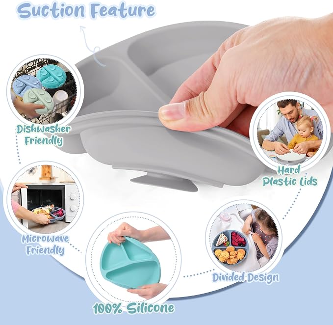 Meanplan 6 Pack Suction Plates for Toddlers with Lids Silicone Baby Plates set Food Grade Silicone Divided Design Microwave and Dishwasher Safe Assorted Colors(Mixed Colors)