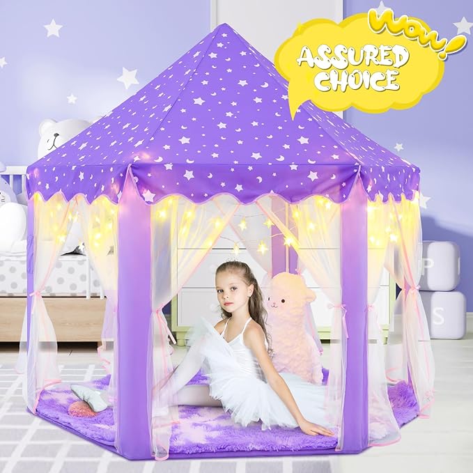 Princess Tent for Girls Age 4-7 with Star Lights, Kids Play Tent for Girls Indoor, Castle Playhouse Tent for Toddlers, Purple Princess Toy Tent 55x53 inch