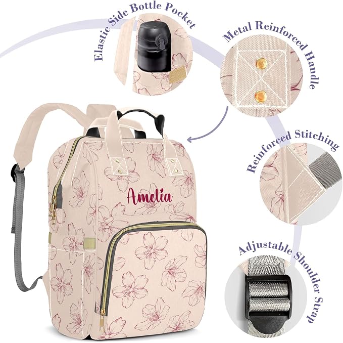 Custom Diaper Backpack, Upgraded Large Capacity Baby Changing Bag, Personalized With Name, Multifuction Mommy Backpack With Insulated Pockets for Boys Girls, Floral