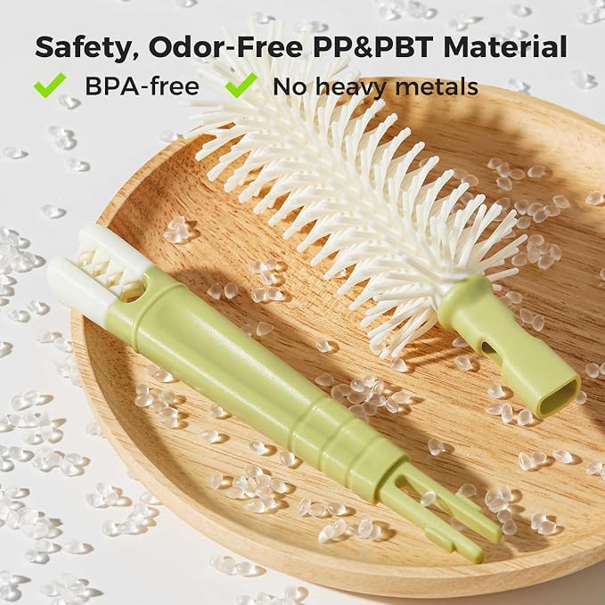 Bottle Brush Set - Baby Travel Bottle Cleaner Kit with Silicone Brush, Nipple Brush, Straw Brush, Soap Dispenser, Drying Rack - 8 in 1 Bottle Cleaning Kit for Home and Travel Essential (Green)