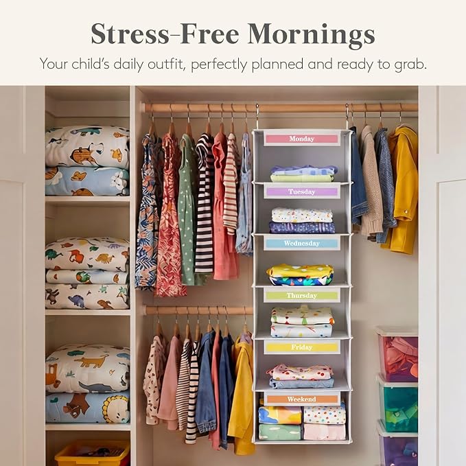 Lifewit 6 Shelf Weekly Clothes 0rganizer for Kids, Baby Hanging Closet Storage with Color Labels for School Outfits, Todder Daily Clothing Divider with Days of The Week Monday to Friday Weekend, White