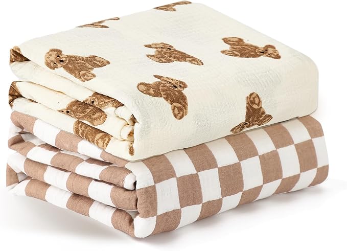 insular Muslin Swaddle Blankets for Boys Girls, 2 Pack Receiving Baby Blanket Large 47 x 47 inches, Soft Breathable Swaddling Wrap for Unisex Newborn, Teddy Bear&Checkered