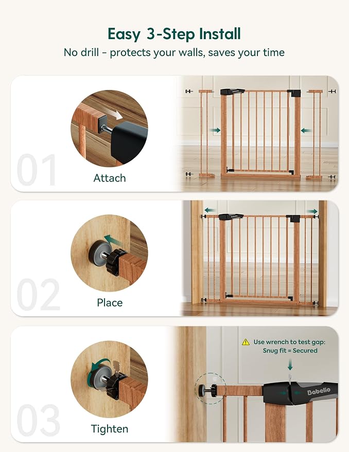 Babelio 29-48" Metal Baby Gate with Brown Wood Pattern, Auto Close Dog Gate PressGuard P7 for The House, Stairs and Doorways, Pressure Mounted Pet Gate with Door, Safety Gate for Child and Pets