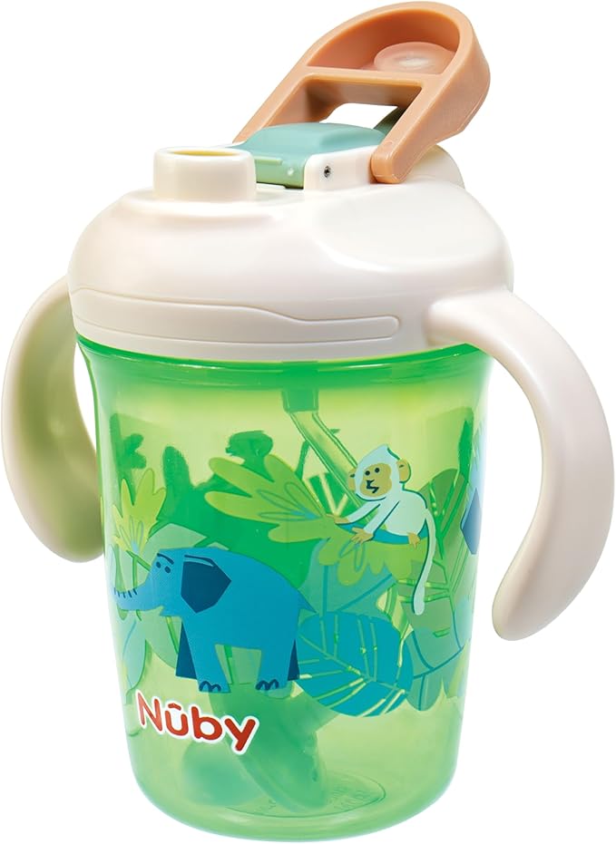 Nuby 2-in-1 Toddler Cup with 360° Weighted Straw & Hard Spout - (2 Pack) 8 oz - Leak-Resistant & Easy Grip Handles - Dishwasher Safe - Jungle/Ocean