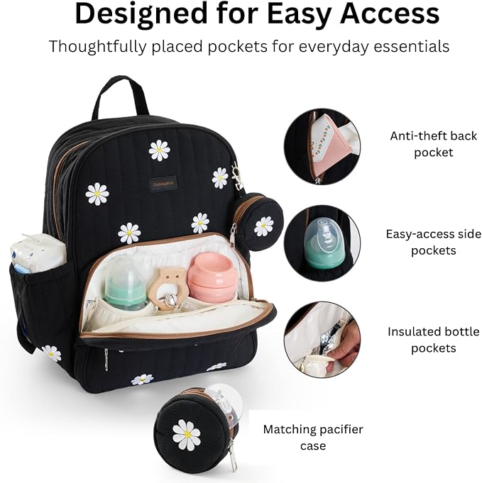 GOBABYMART Large Diaper Bag Backpack with Changing Pad, Insulated Bottle Pockets, Travel & Hospital Bag for Mom & Dad (Large - Black Flowers)