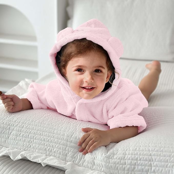 VOOVA & MOVAS Pink Toddler Hooded Towel with Bear Ear | 100% Cotton, Ultra-Soft & Absorbent Baby Bath Robe | Gentle for Sensitive Skin, Lightweight for Bath, Pool & Beach, 0-24Months