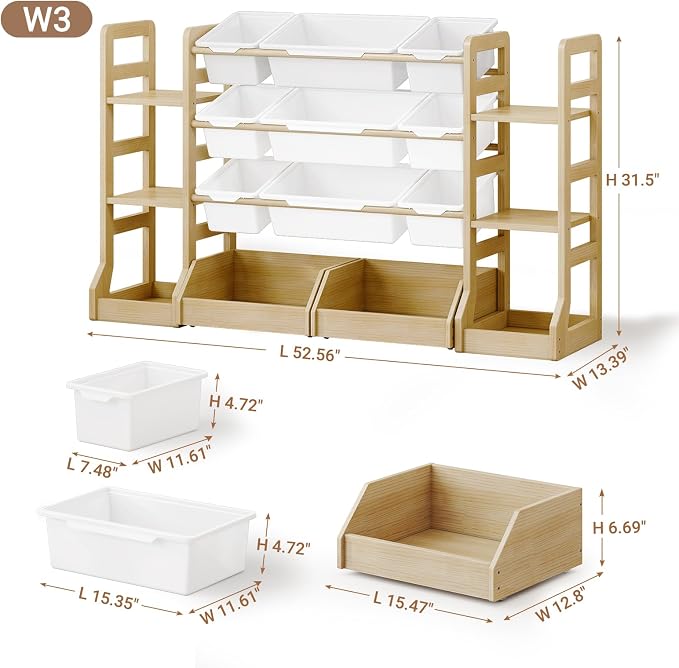 Kids Toy Storage Organizer with Bookshelf, Wooden Toy Shelf with 6 Shelves and 9 Bins and 2 Wheeled Drawers, Extended Base Storage Cabinet for Playroom, Kids Room, Nursery Organization