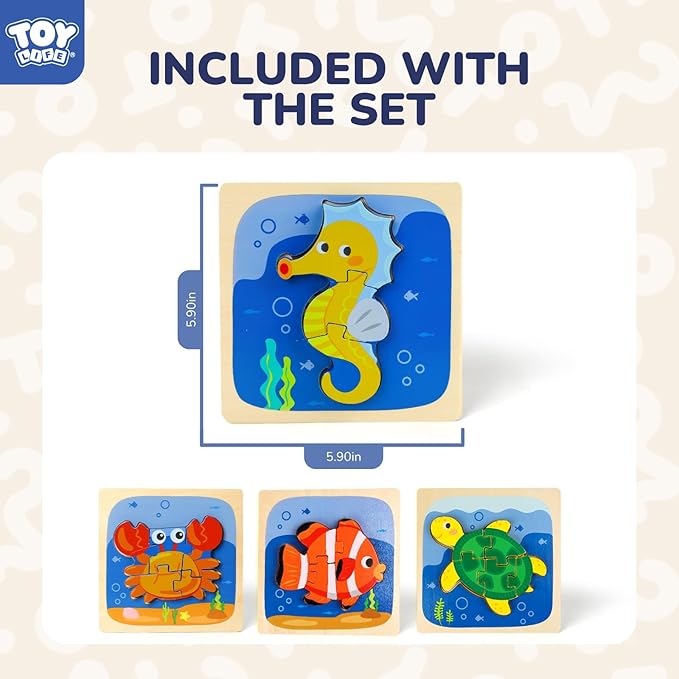 TOY Life Wooden Puzzles for Toddlers 2-4, Sea Animals Puzzles for Toddlers 1-3, Wood Puzzles Educational Montessori Toys Gifts for 1 2 3 Year Old, Baby Kids Learning Toy