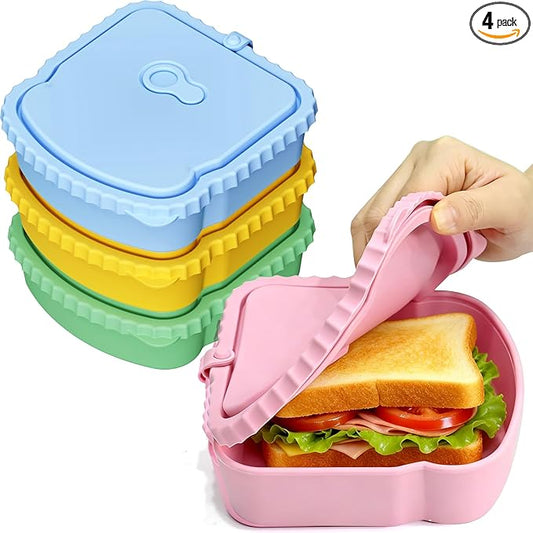 4 Pack Silicone Sandwich Boxes, Reusable Sandwich Lunch Containers with Lid for Bento Fruit Snacks Bread, Colored Toast Shaped Container, Silicone Snack Containers for Office Camping Travel Meal Prep