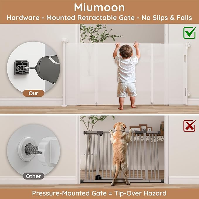Miumoon One-Hand Operation Retractable Baby Gates, 71 inch Retractable Gate with Reinforced Strip Design to Prevent Crawling Through, 6 FT Retractable Dog Gate for Stairs, Doorways, Hallways