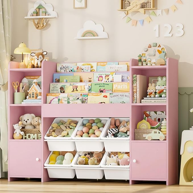 FINETONES Toy Storage Organizer with 6 Toy Bins, Toy Organizer Kids Bookshelf with 6 Cubbies, Toy Organizers and Storage Bins, Playroom Storage and Toy Chest, Pink