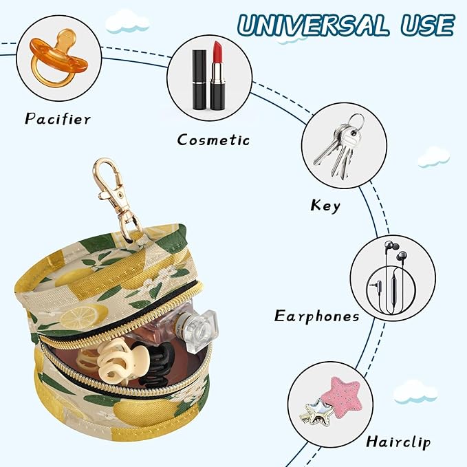 Pacifier Holder with Clip Pacifier Case for Diaper Bag Round Baby Pacifier Pouch Box Bag Portable Beige Lemons and Flowers