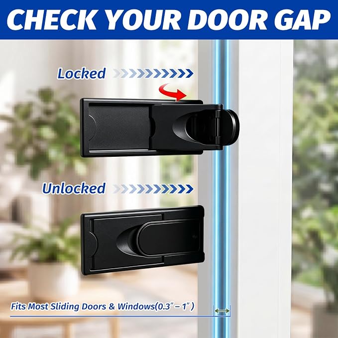 Sliding Door Lock 4 Pack –Black Child Safety Sliding Glass Door Lock, No-Drill Adhesive Lock for Windows, Closets & Patio Doors, Baby Proof Stopper for Home Security