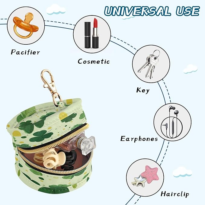 Pacifier Holder with Clip Pacifier Case for Diaper Bag Round Baby Pacifier Pouch Box Bag Portable Green Clovers and Polka Dots