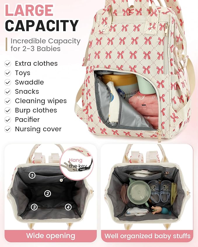 Corduroy Diaper Bag Backpack, Large Capacity Multifunction Baby Diaper Bags for Women, Insulated Bottle Pockets & Pacifier Case, Stylish Travel Nappy Changing Bags for Mom Dad (Bow Pink)