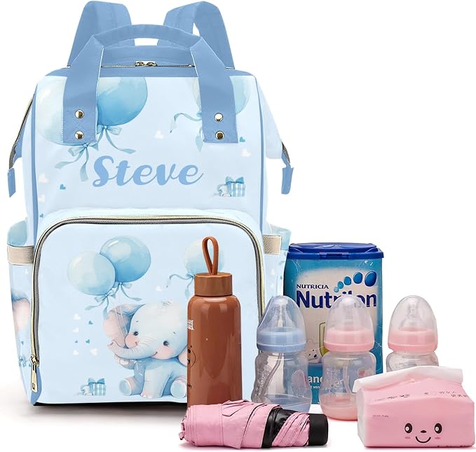 Cute Elephant Large Personalized Diaper Bag Backpack for Baby Boy with Name, Thermal Pockets, Waterproof Custom Baby Bags for Boys, Multi-functional Customized Nappy Bag Mom Travel Daypack
