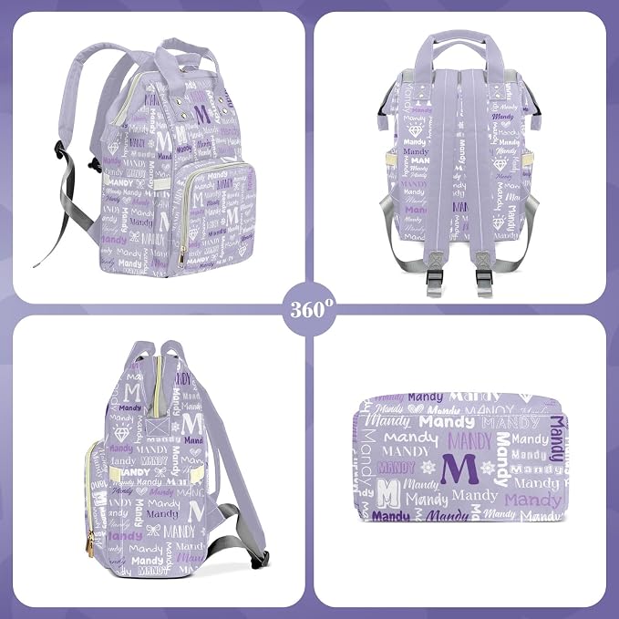 Custom Diaper Bag with Name Personalized Multifunctional Mommy Backpack for Daughter Granddaughter, Purple Daypack Bag for Travel