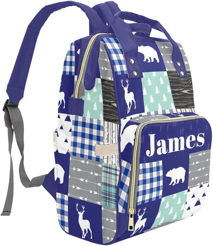 Personalized Woodland Deer Bear Diaper Bag with Name – Custom Baby Bag, Nursing Tote Backpack for Mom, Custom Name Mommy Daypack, Shower Gift for Baby