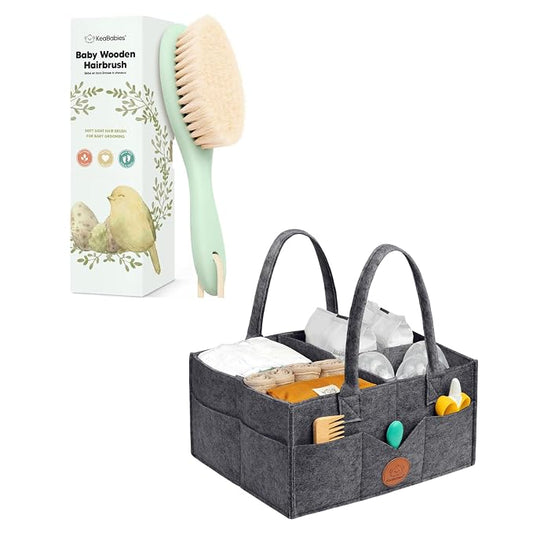KeaBabies Baby Hair Brush and KeaBabies Diaper Caddy Organizer - Wooden Brush with Soft Goat Bristles, Organizer for Nursery, Cradle Cap Hairbrush